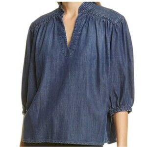 Frame Denim CALI Jean Shirt Crop Pleated Puff Sleeve Popover